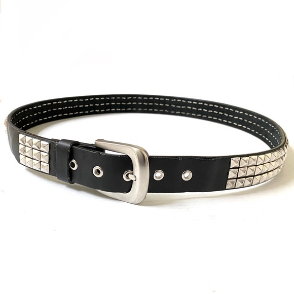 Y2K Vintage Punk Mall Goth Emo silver metal triple row pyramid studded Belt - Picture 1 of 7